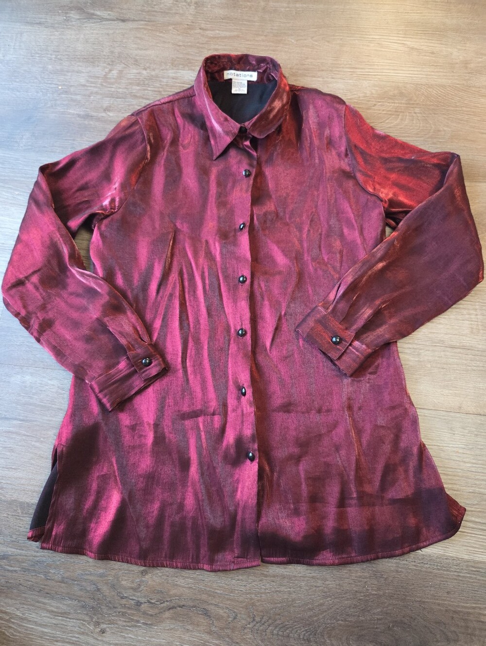 Vintage Notations Shiny Dark Red Satiny Button Down Long Sleeve Blouse Womens
